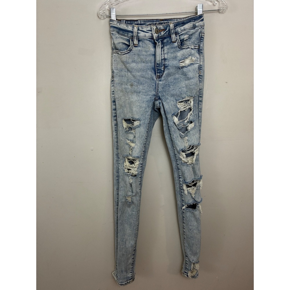American Eagle Super Hi-Rise Pants Womens 0 Light Wash Thrashed Jeans Distressed